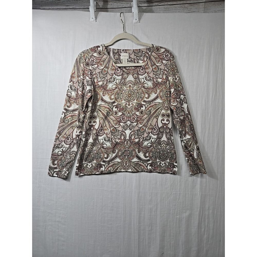Chico's Top Women's 0 (S/4) Multicolor Paisley Long Sleeve V Neck Stretch Knit